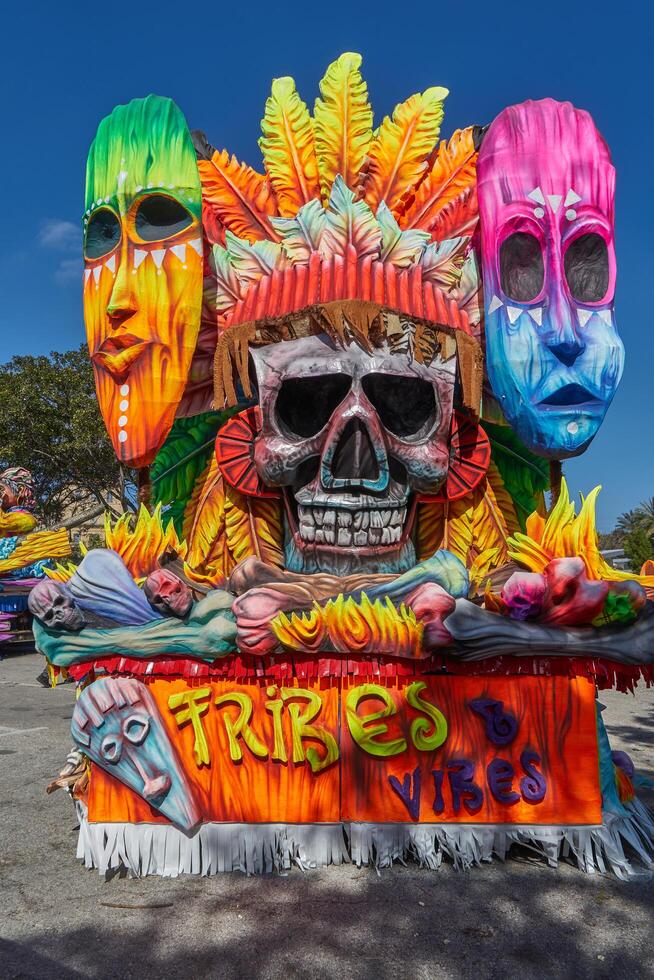 Layered costumes, extravagant floats, and dancers bring joyous spectacle to Malta capital stage joyous carnival mood. Valletta, Malta - 19.02.2023 photo