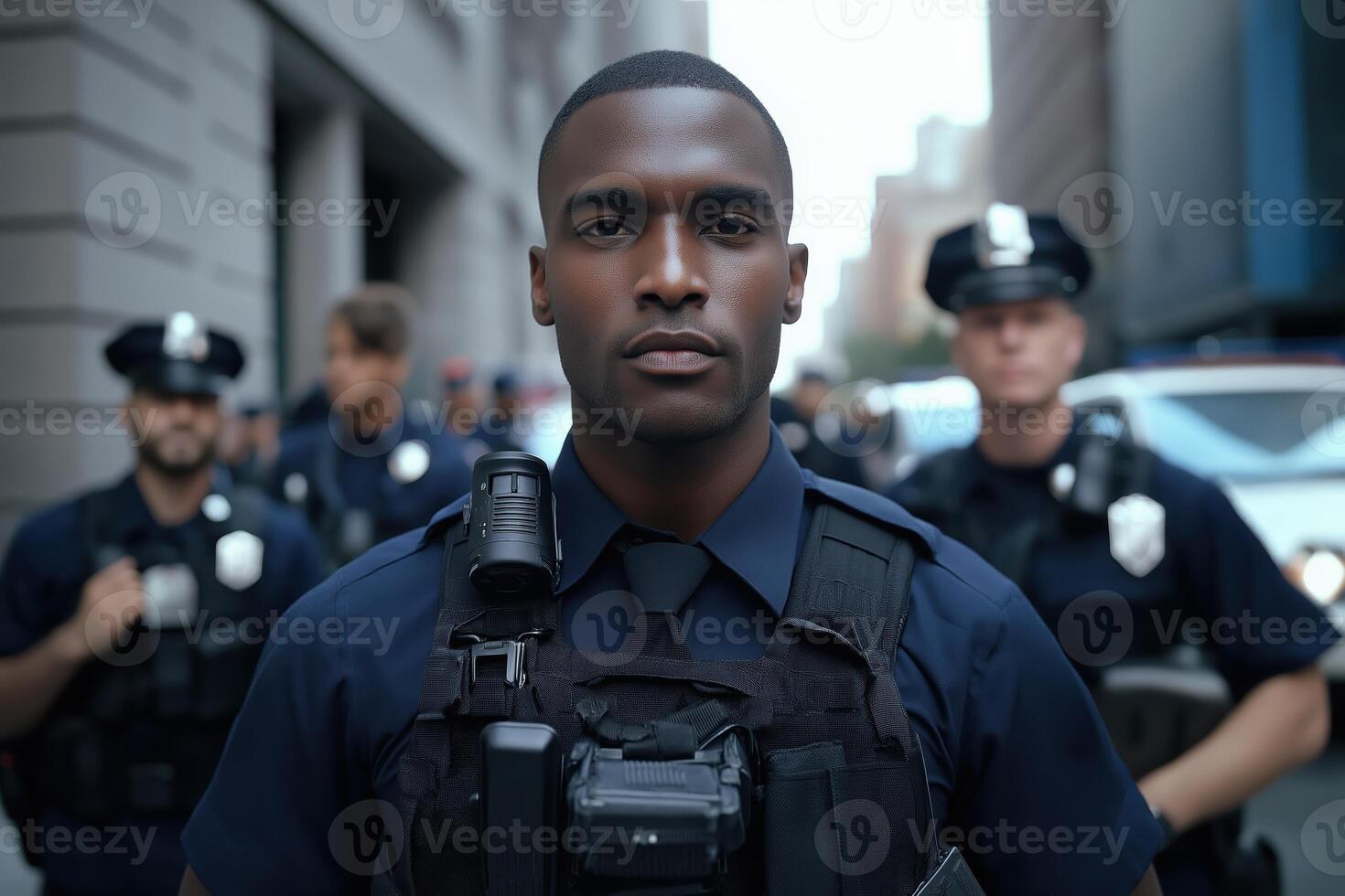 Confident Police Officer in Uniform with Team in City Street Background photo