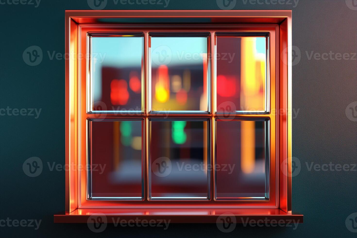Vibrant close-up of a modern metallic window frame reflecting colorful blurred city lights photo