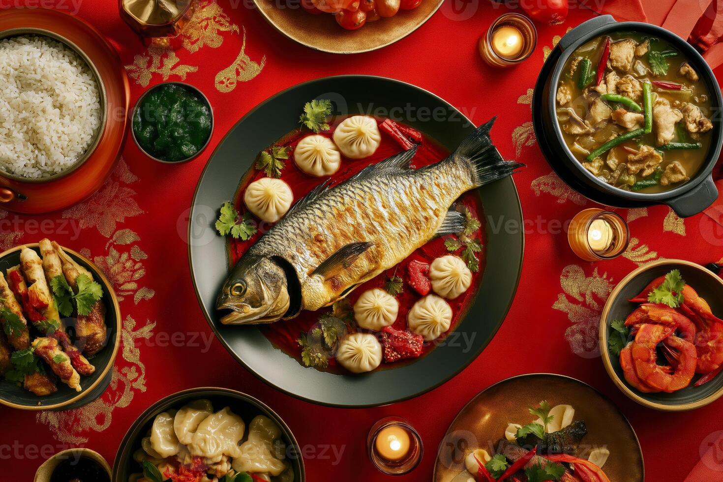 Traditional Chinese New Year Food Arrangement with Dumplings Fish and Festive Decorations on Red Background photo