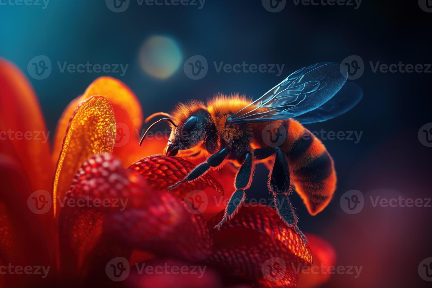 Close-Up of a Honeybee Pollinating a Vibrant Red Flower with Detailed Wings and Fuzzy Body photo