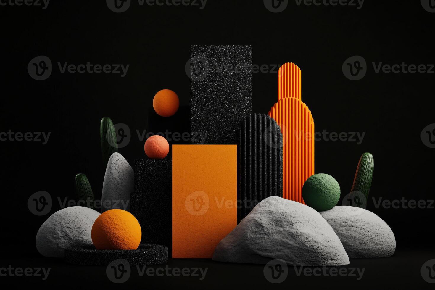 Abstract 3D geometric shapes with textured surfaces, orange and black structures on dark background photo