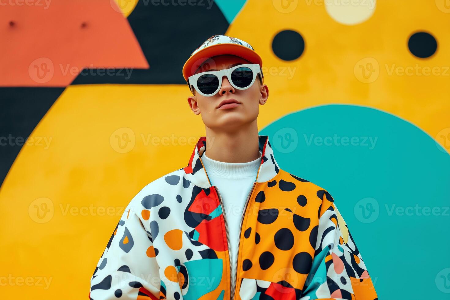 Stylish portrait of a young man wearing colorful streetwear with bold geometric patterns and sunglasses against an abstract background photo