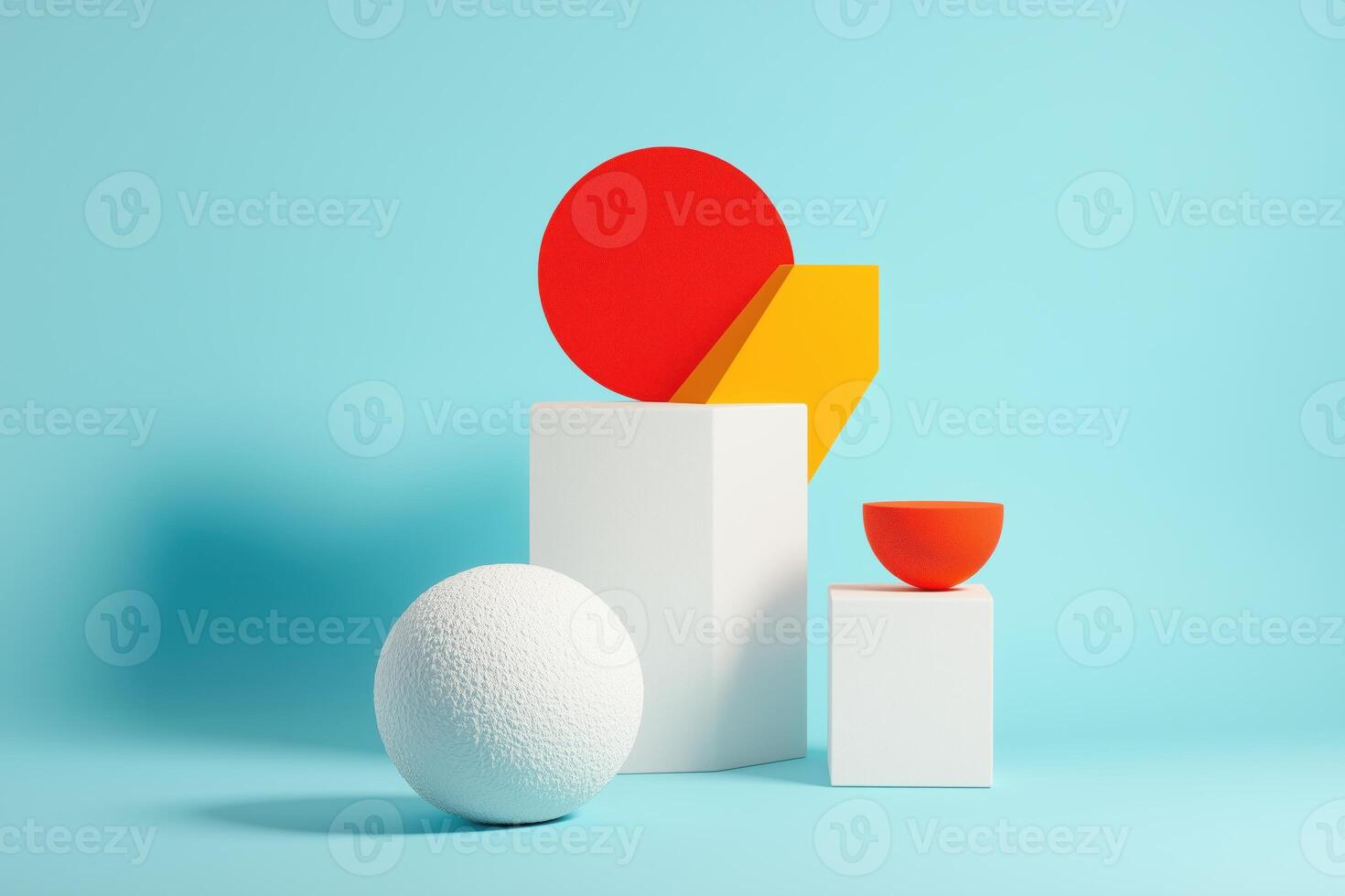 Minimalist abstract 3D geometric shapes with red, yellow, and white elements on a blue background photo