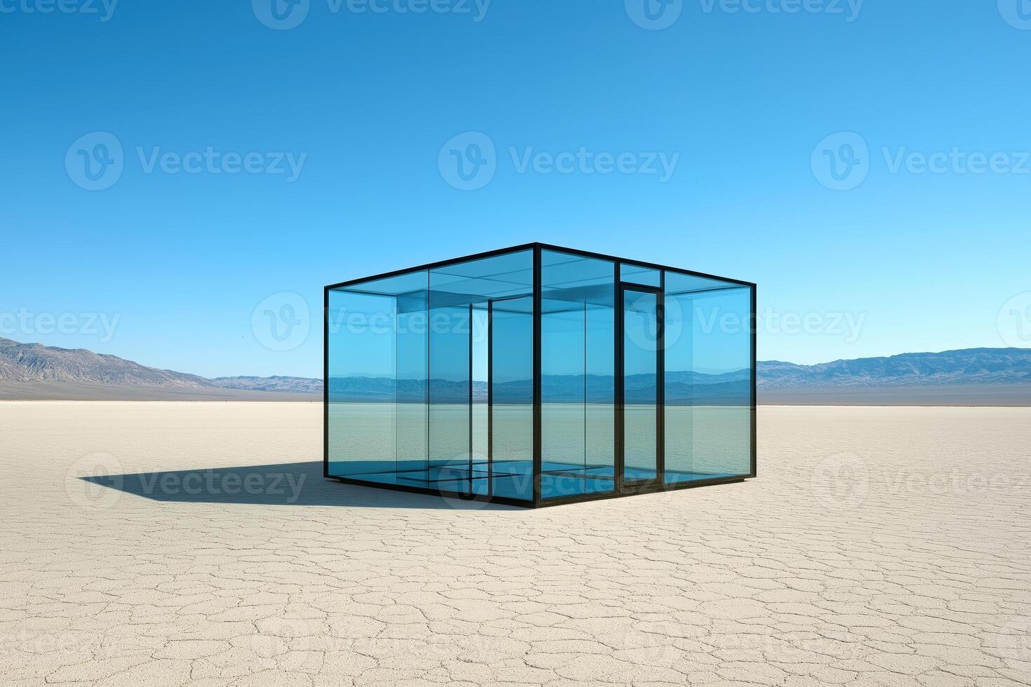 Transparent glass cube structure standing in a vast cracked desert landscape under blue sky photo