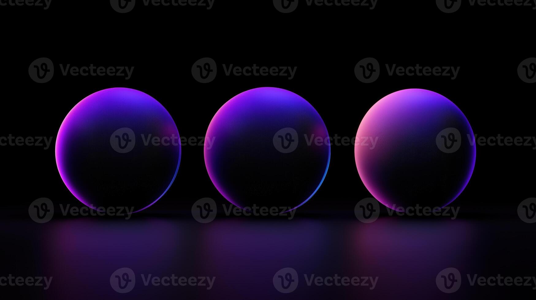 Three glowing neon spheres with gradient purple and pink hues on a black reflective surface futuristic abstract digital art for modern design projects photo