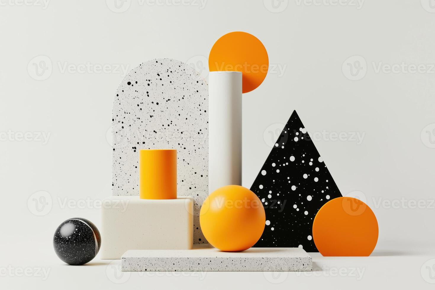Modern abstract 3D geometric composition with speckled surfaces, orange shapes, and black triangle design photo
