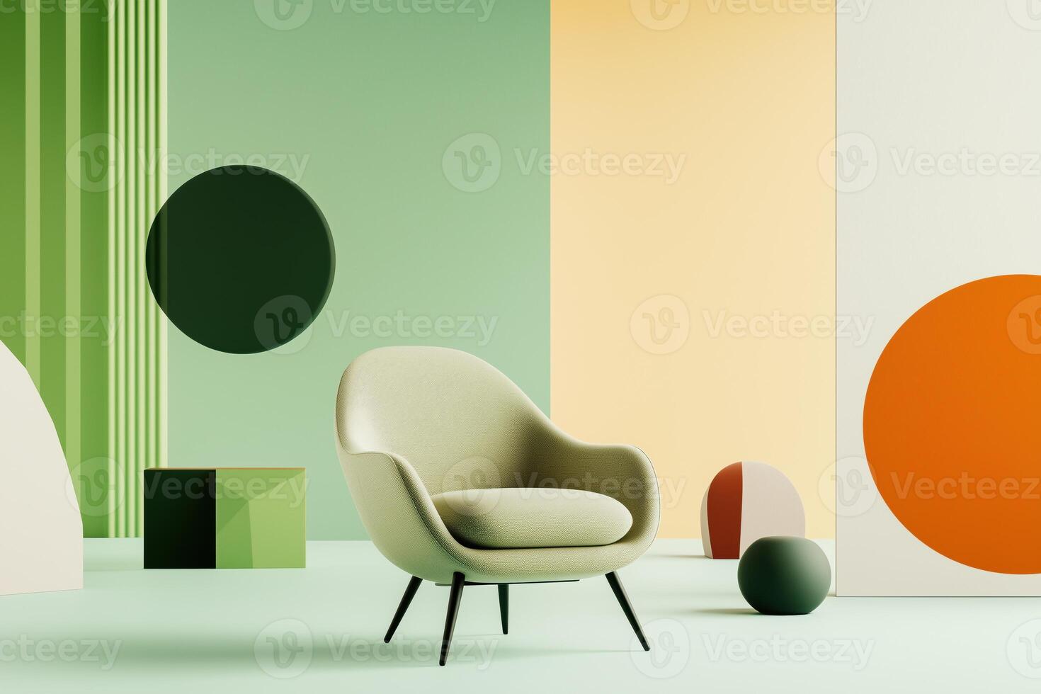 Minimalist interior with a modern armchair and abstract geometric decor in soft green tones photo