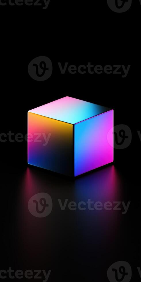 Vibrant Neon Gradient Cube with Reflective Surface Digital Artwork Modern Design for Mobile Wallpaper Minimalist Futuristic Style photo