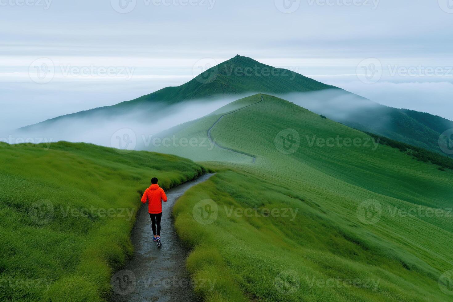 Trail runner in bright orange jacket on scenic green mountain trail surrounded by clouds and mist photo