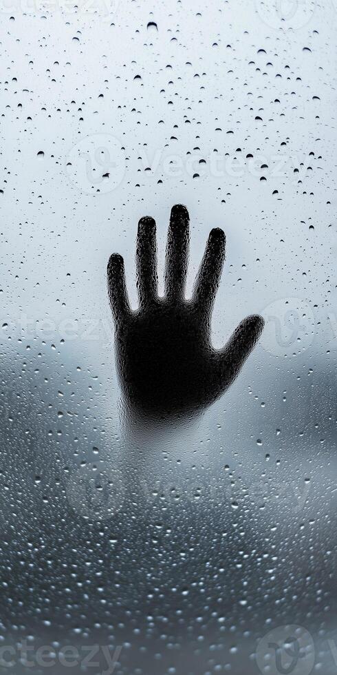 Silhouette of a Hand on a Rainy Glass Window with Droplets Creating a Mysterious Atmosphere photo