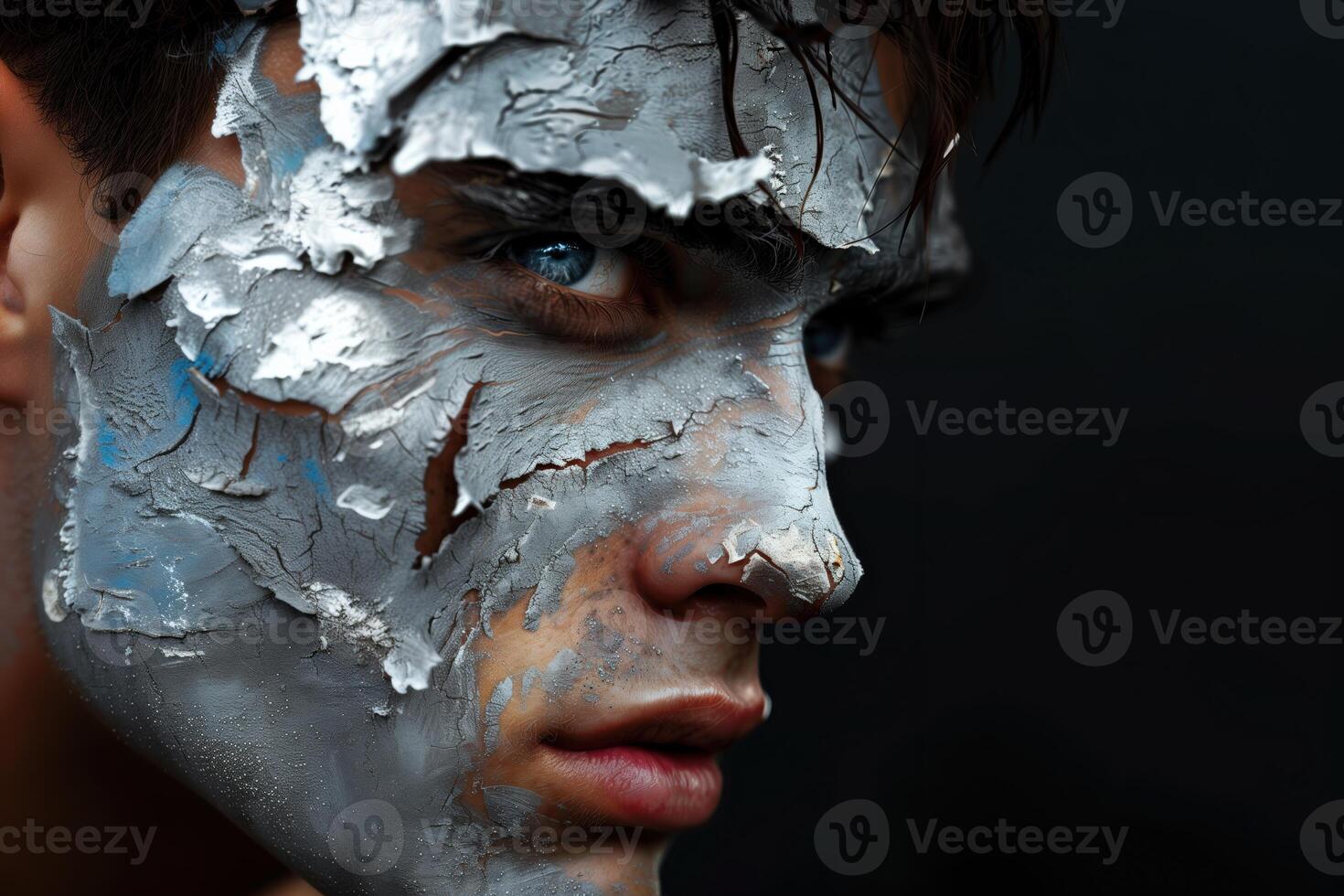 A close-up of a face with cracked metallic paint and intense blue eyes, showcasing artistic texture and emotion photo