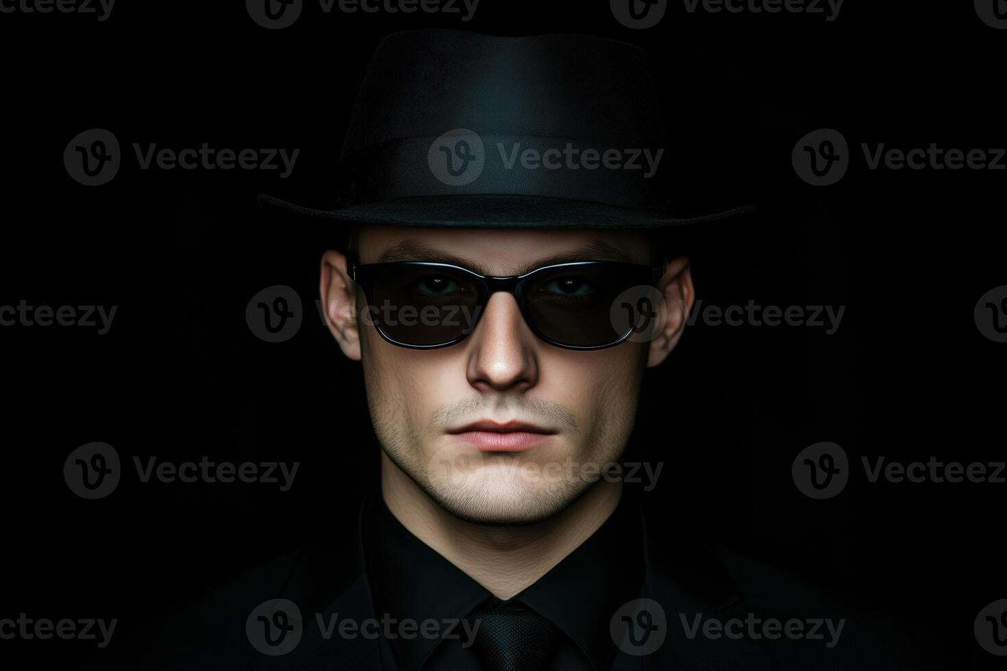 Portrait of a man wearing a black hat and sunglasses against a dark background photo