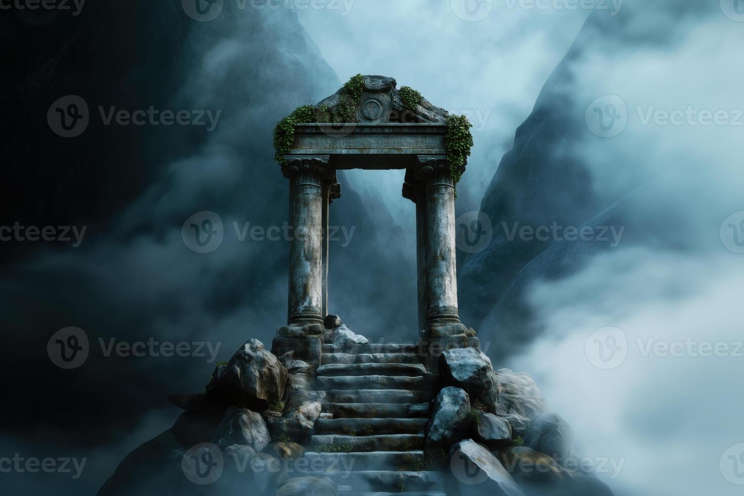 Ancient Stone Ruins with Pillars in a Mystical Foggy Mountain Landscape photo