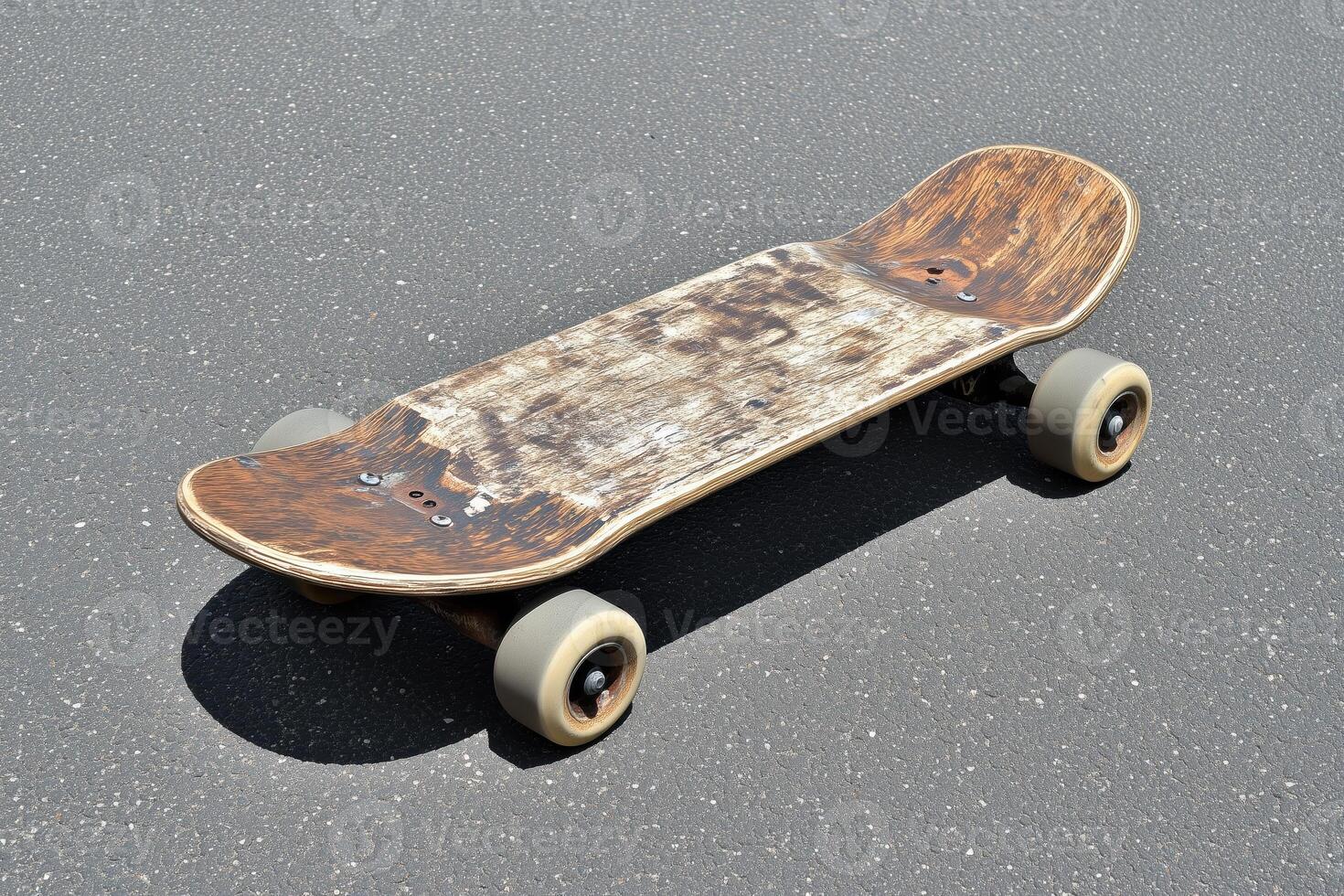 Close up of worn skateboard resting on asphalt under bright sunlight minimalistic outdoor sports equipment photo