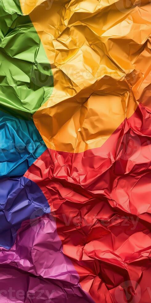 Crumpled colorful paper texture with vibrant rainbow gradient ideal for abstract backgrounds photo