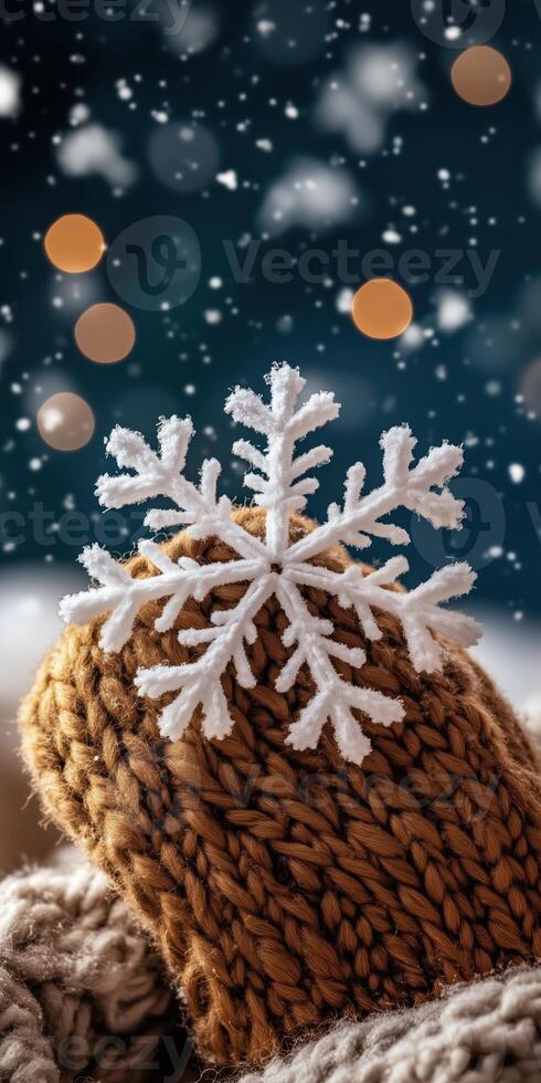 Closeup of snowflake resting on warm knitted glove in cozy winter setting with soft bokeh lights photo
