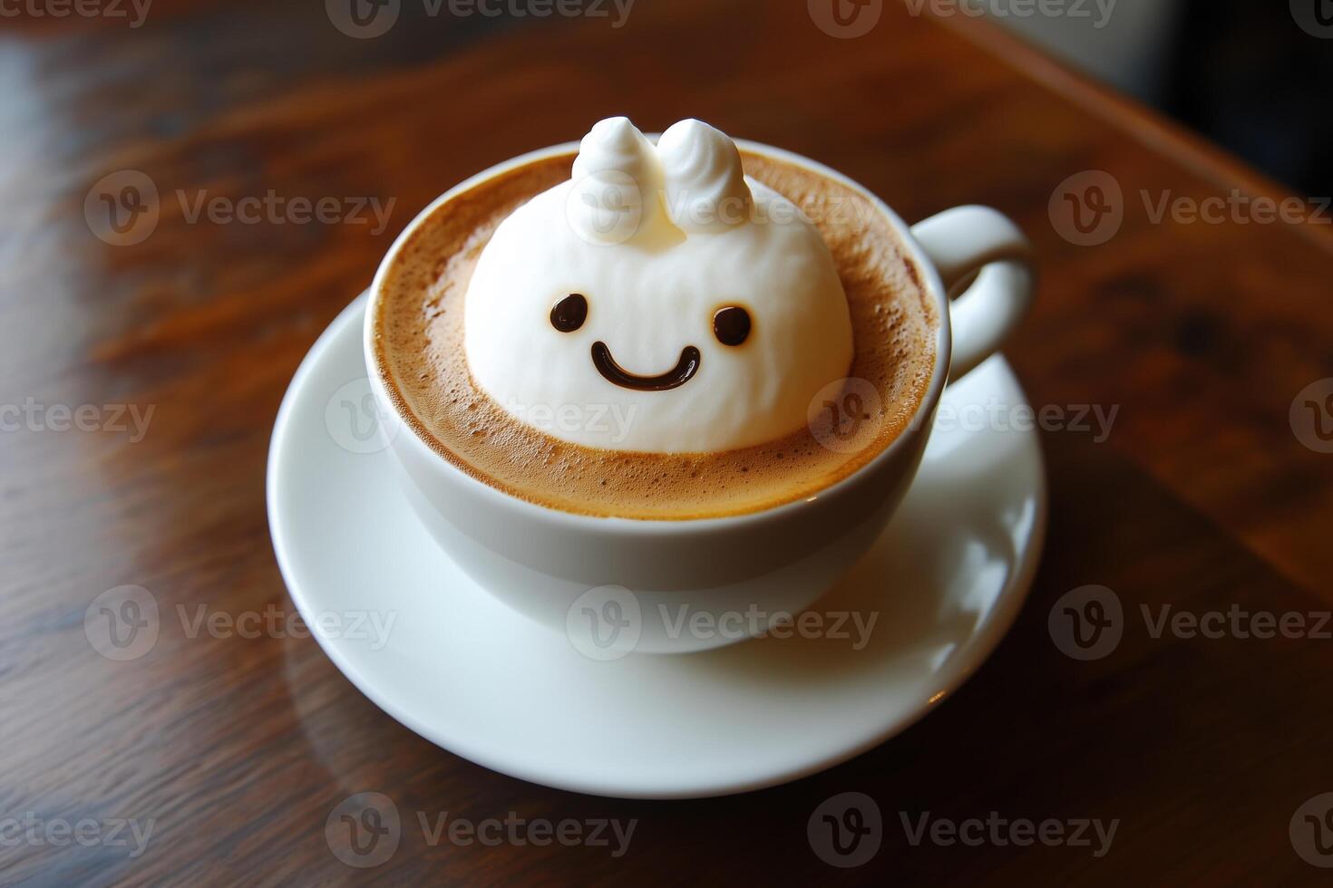 Adorable latte with creative foam art featuring a smiling character on a wooden table photo