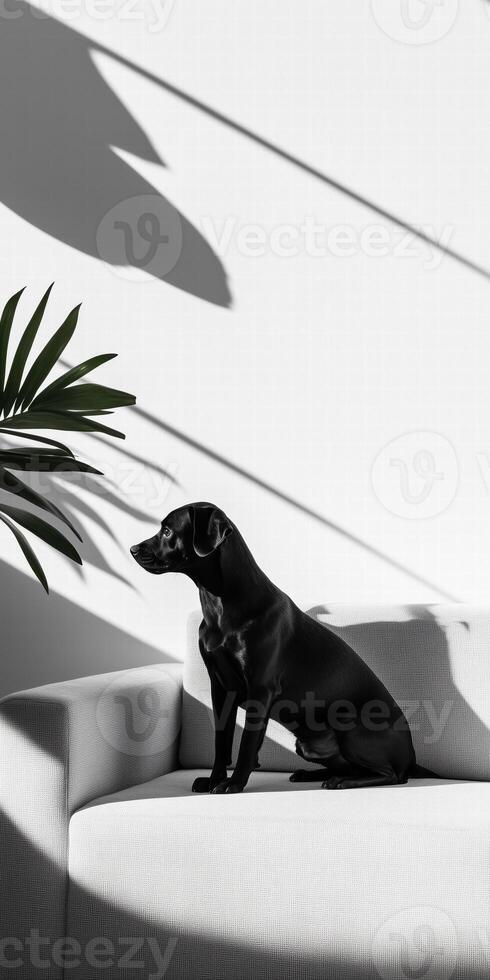 Black Dog Sitting on a Modern White Sofa with Plant Shadows in a Minimalist Living Room Perfect for Contemporary Design Inspiration photo