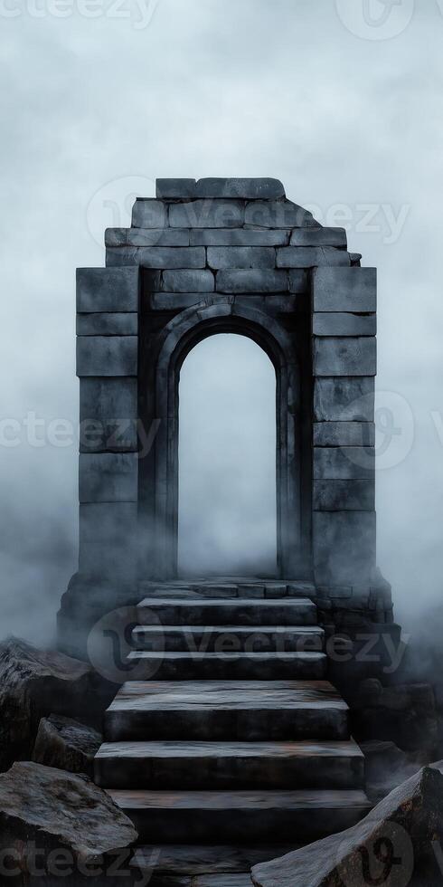 Mystical Stone Archway in Foggy Ancient Ruins with Steps Leading Through Cloudy Atmosphere Perfect for Wallpapers and Digital Art Inspiration photo
