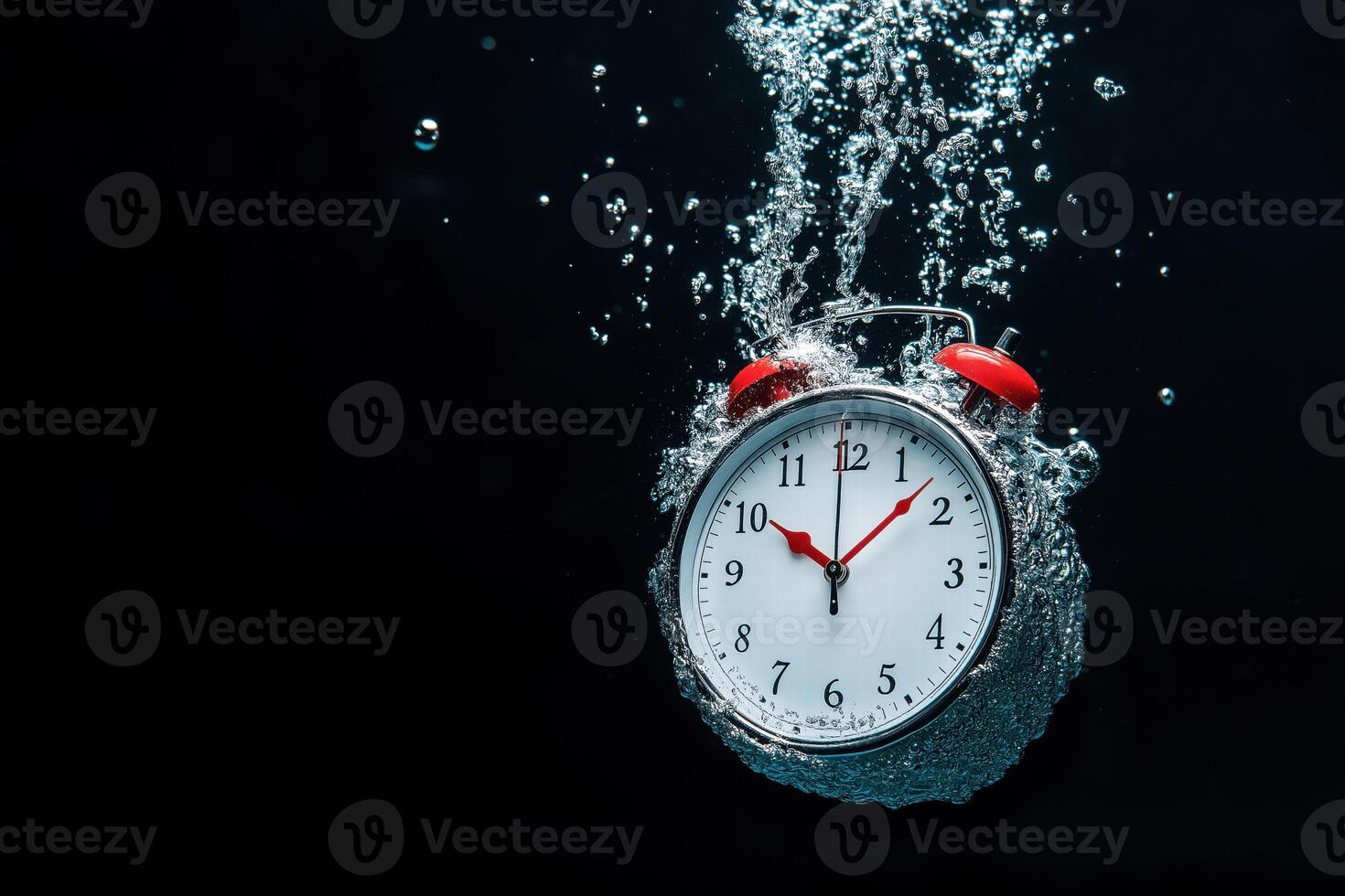 Vintage alarm clock submerged underwater with air bubbles floating in dark dramatic setting photo