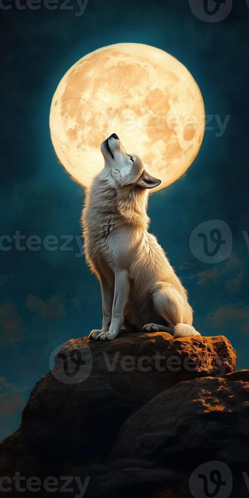 Majestic Wolf Howling at a Full Moon in a Dramatic Night Scene for Wildlife Wallpaper photo