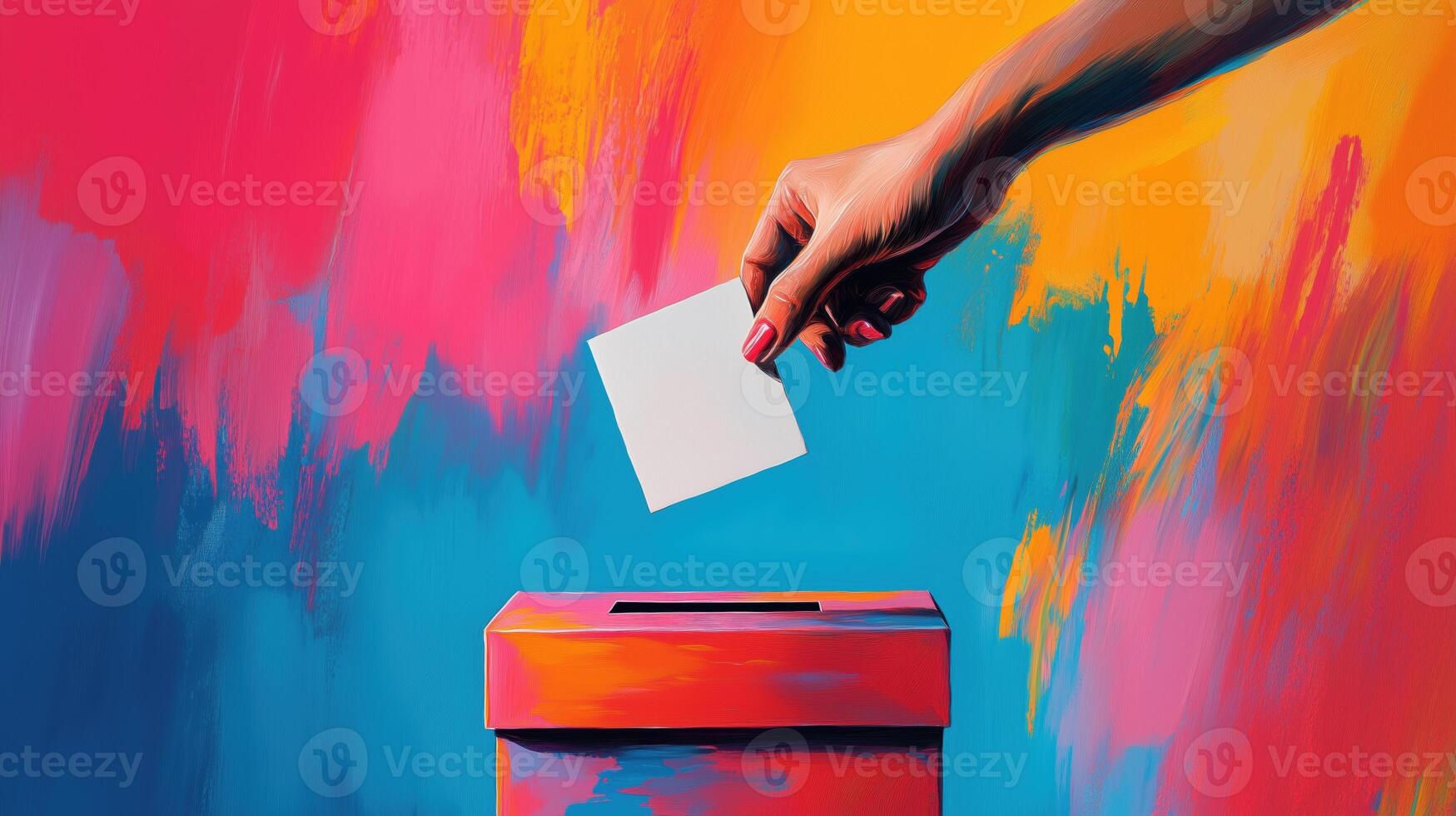 Hand placing a ballot into a vibrant artistic ballot box with colorful abstract background photo