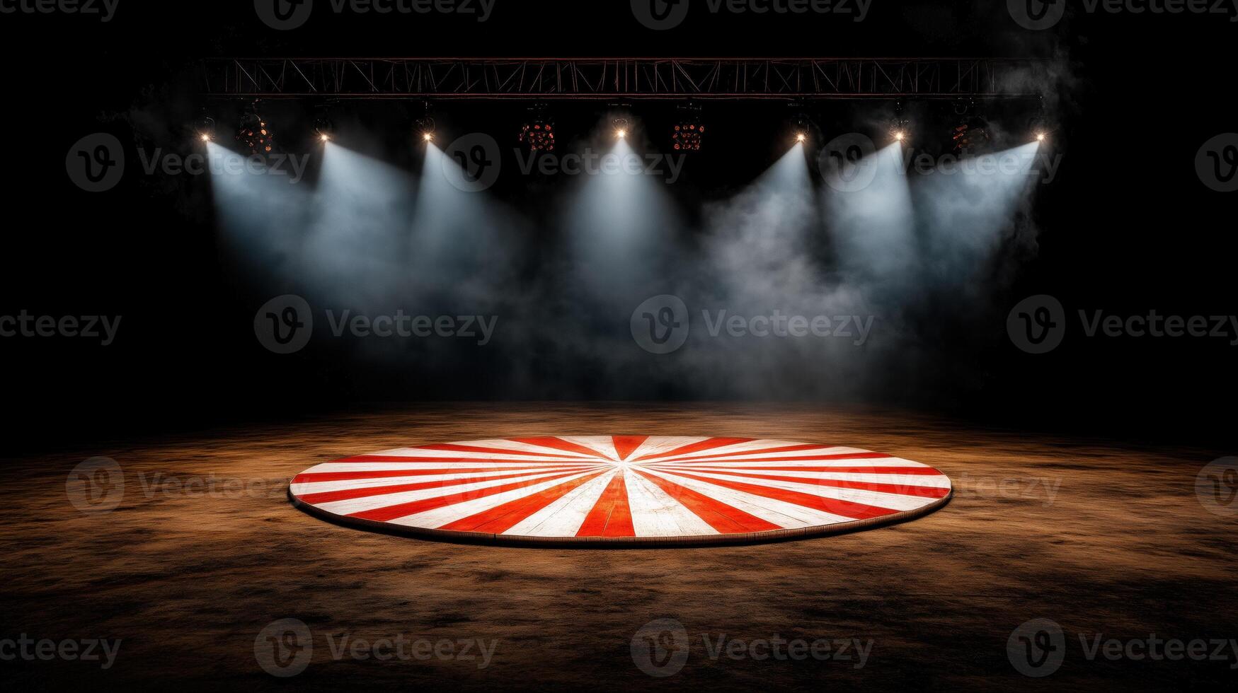 Circus ring with red and white stripes illuminated by dramatic spotlights in a smoky dark setting photo