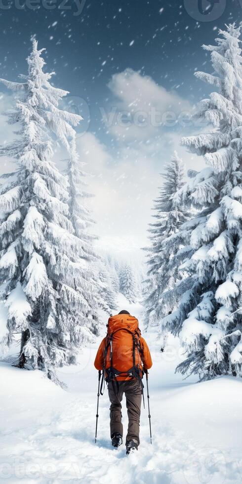Solo hiker in an orange backpack trekking through snowy forest with tall pine trees in wintertime photo