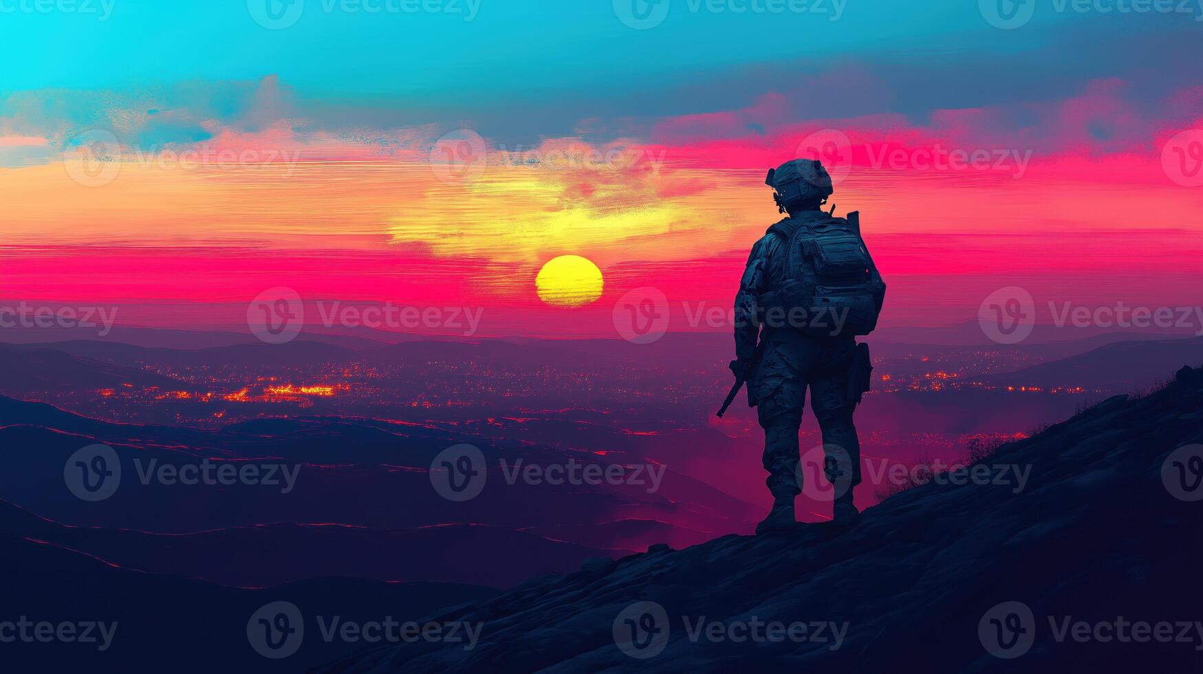 Illustration of Soldier Overlooking a Sunset from a Mountain Ridge photo