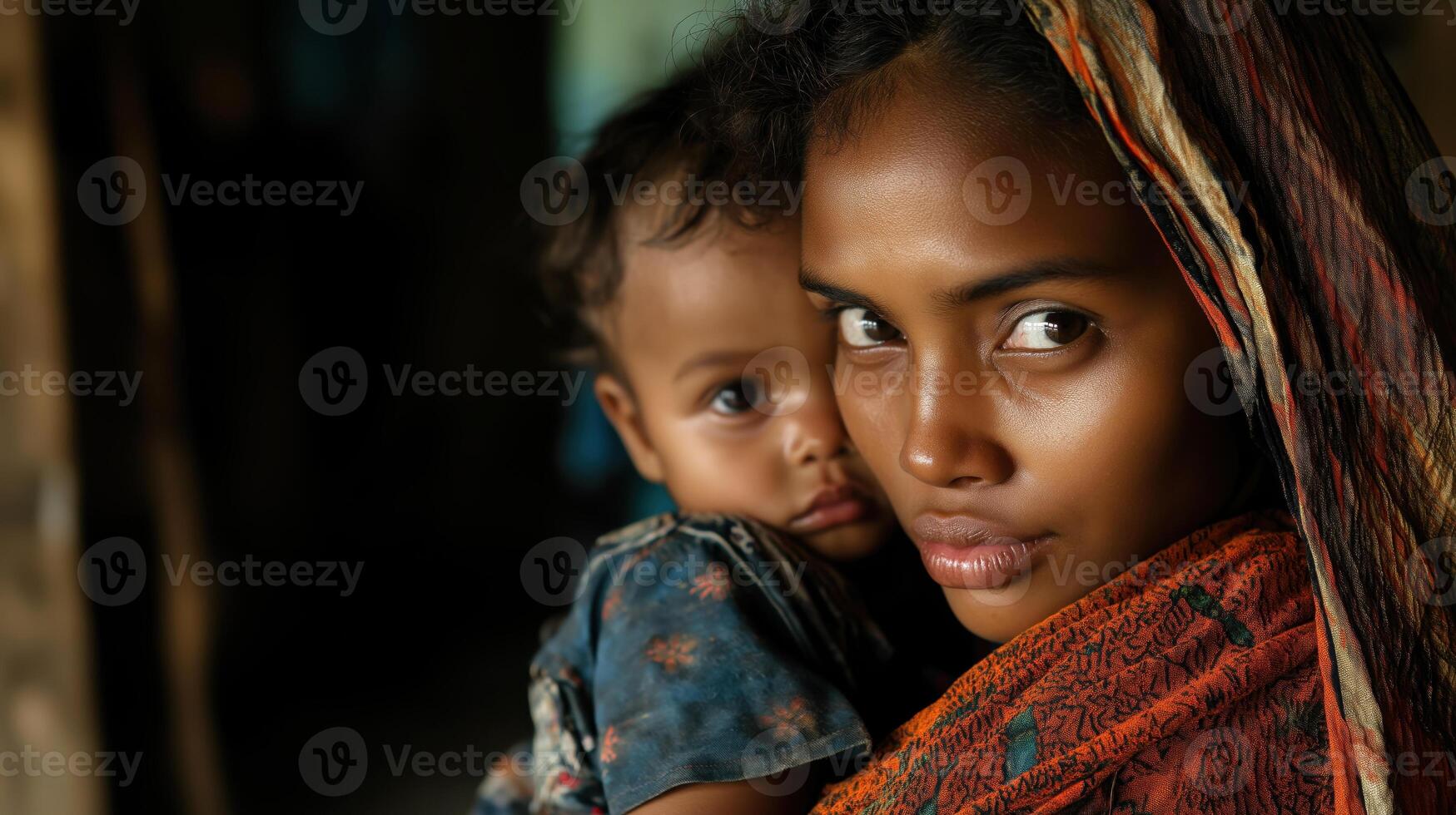 Mother and Child Portrait, Close Connection and Protective Gaze photo