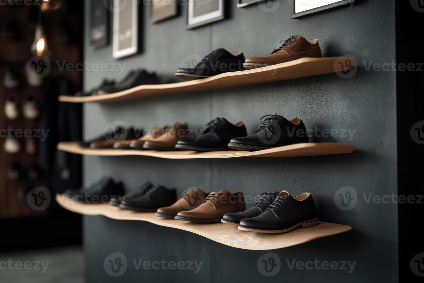 Leather Dress Shoes on Wooden Shelves, Modern Store Display of Formal Footwear with Black and Brown Shoe Selection photo