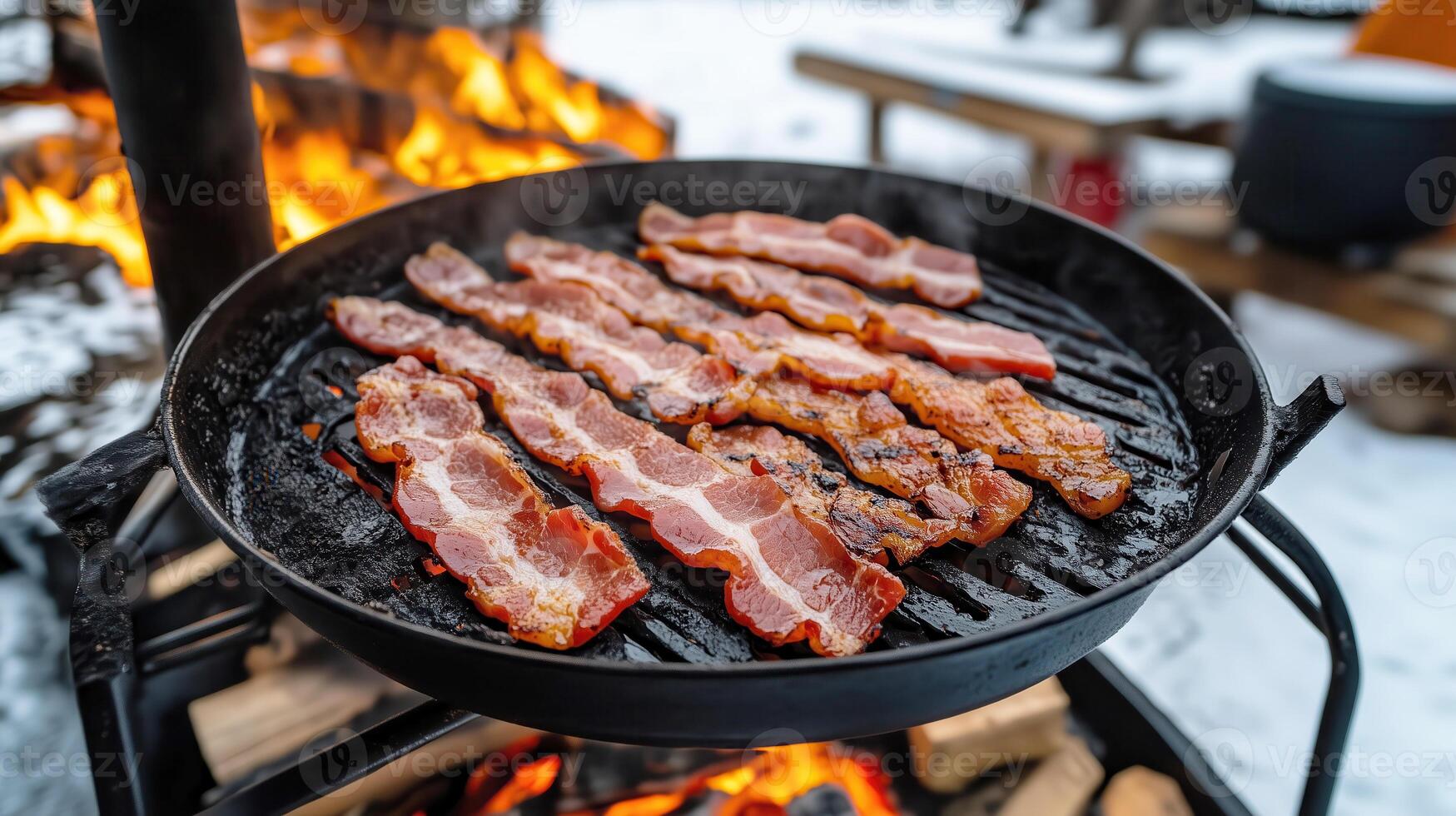 Bacon Grilling on Open Fire, Outdoor Cooking Scene with Crispy Sizzling Strips photo