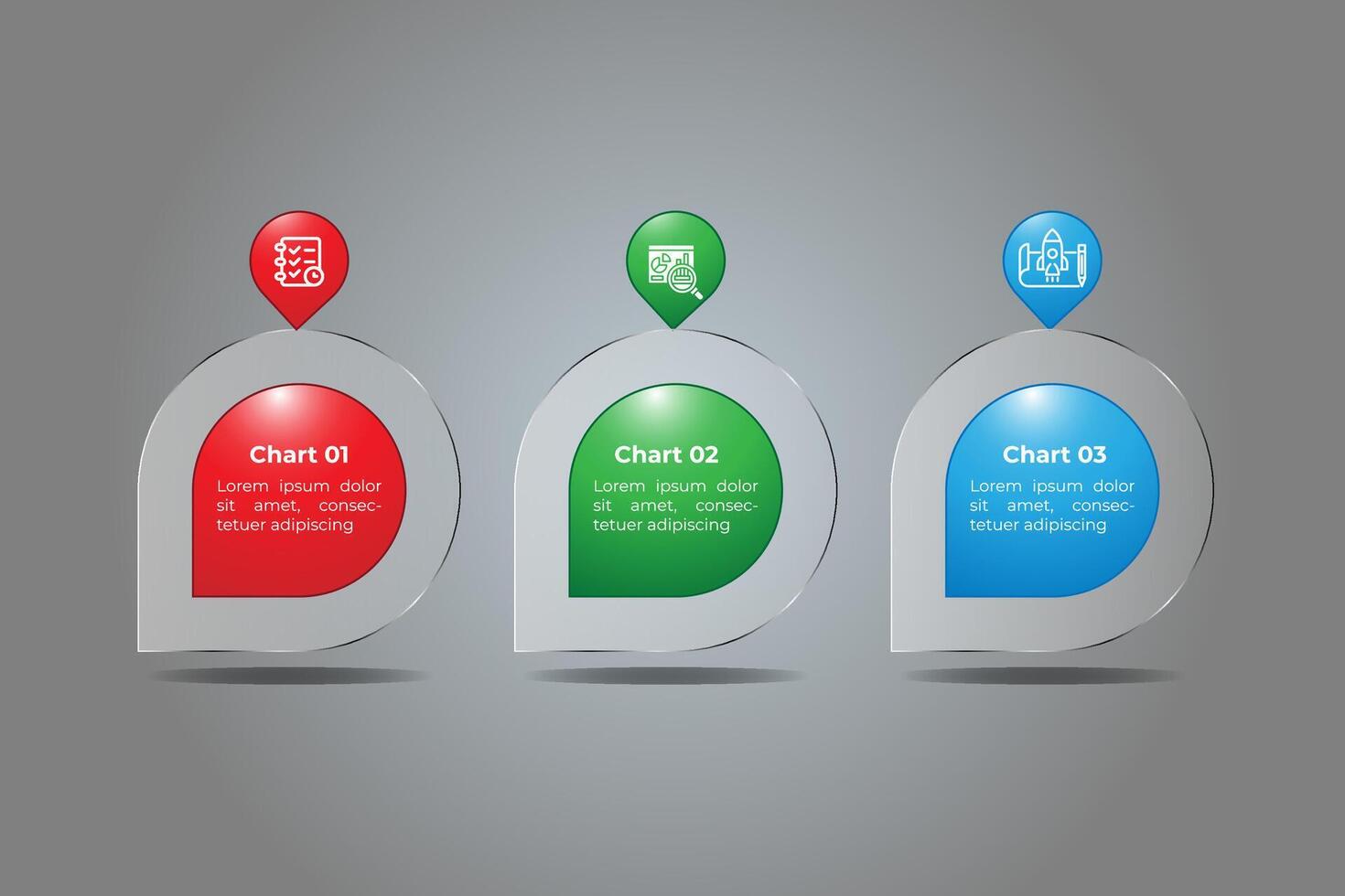 Glossy style business communication 3 step infographic design, vector