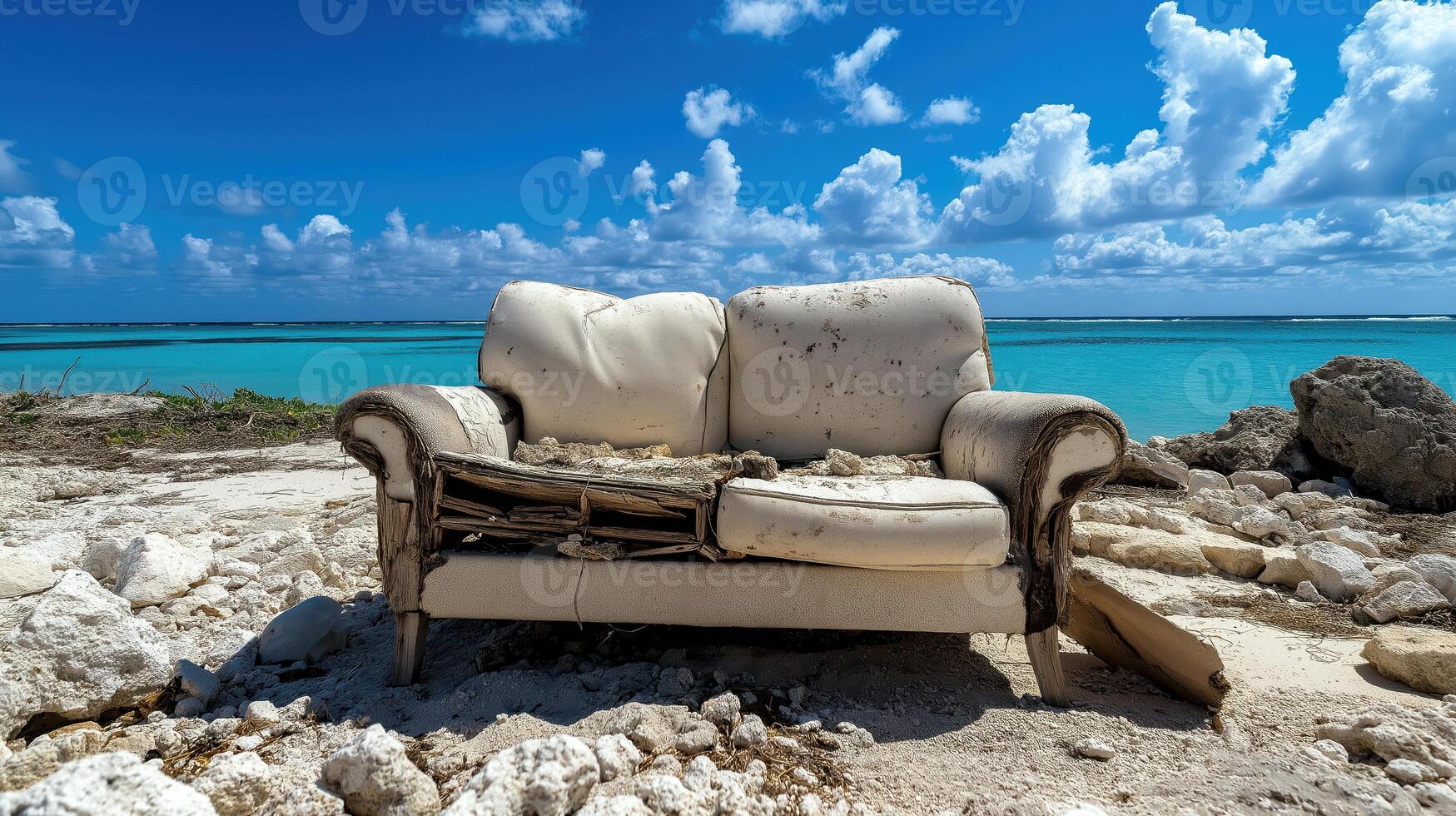 Abandoned Sofa on Beach with Ocean Background, Worn Furniture in Scenic Coastal Setting photo