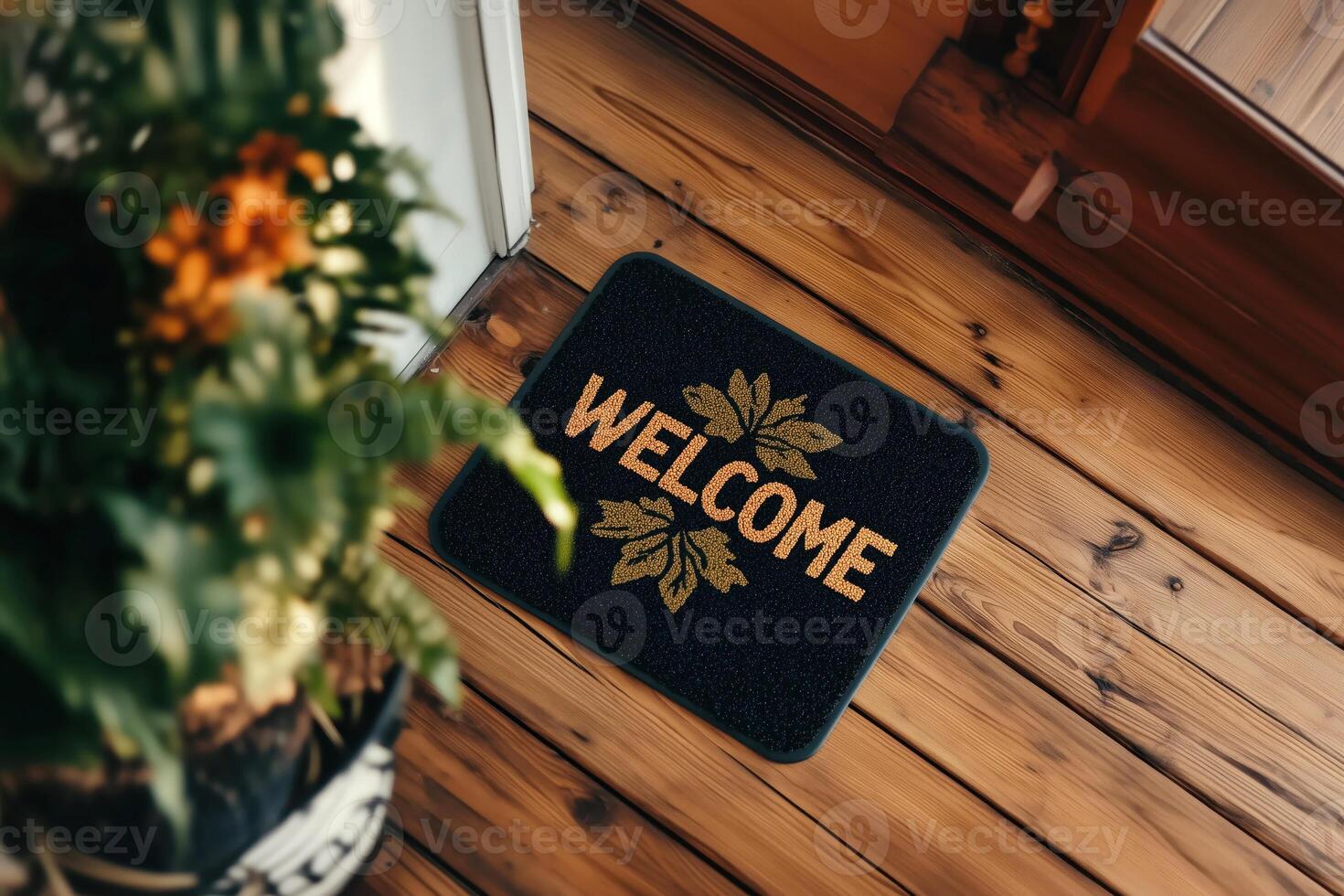 Welcome Mat on Rustic Wooden Floor, Cozy Home Entrance with Greenery and Warm Natural Light photo