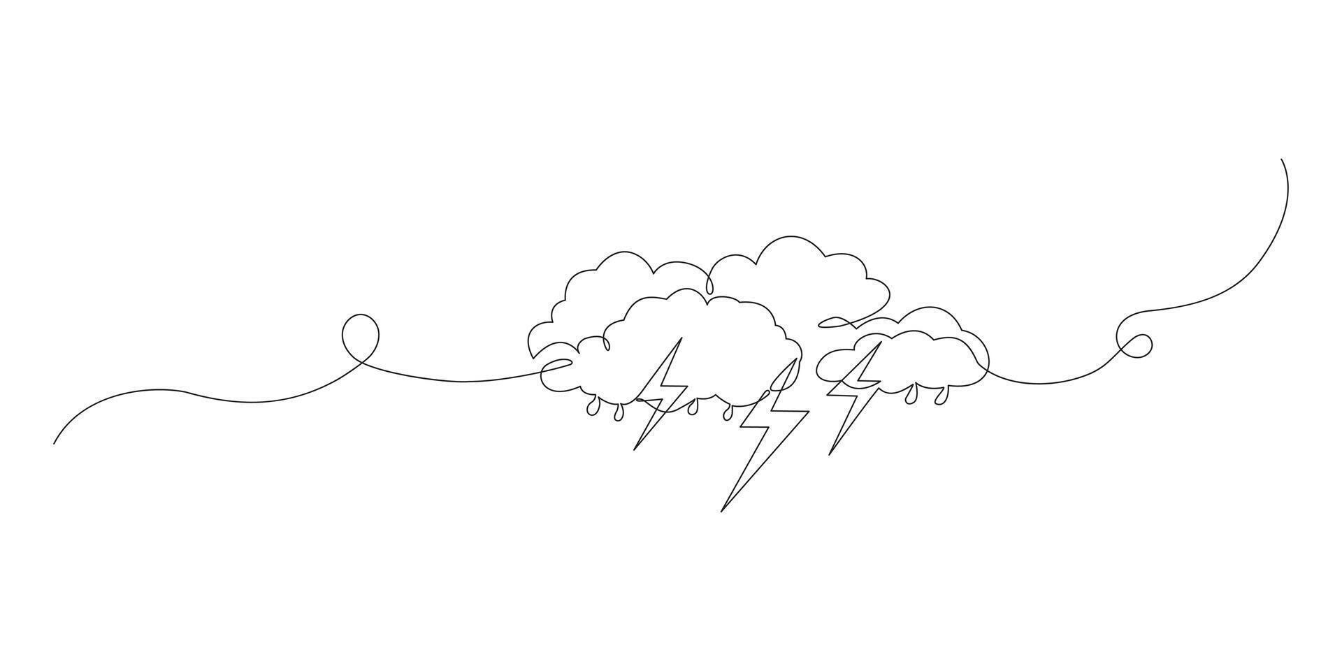 Continuous one line art editable drawing of thundercloud and lightning vector