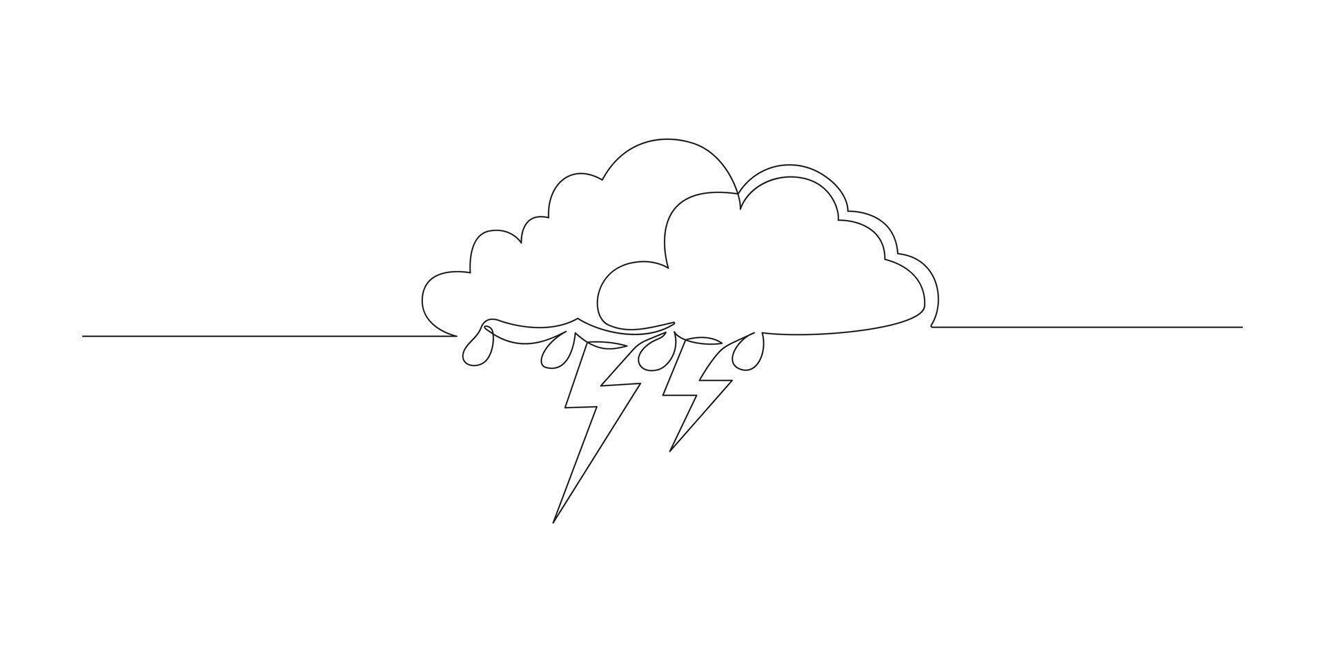 Continuous one line editable drawing of thundercloud and lightning vector