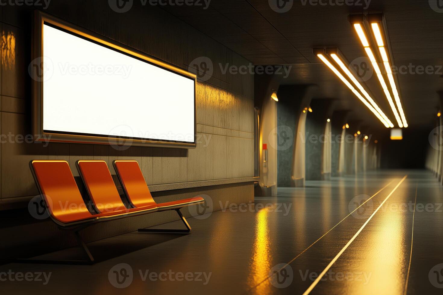 Blank Illuminated Advertising Board in Subway Station, Modern Underground Interior with Empty Orange Seats, Ideal for Urban Advertising Concepts photo