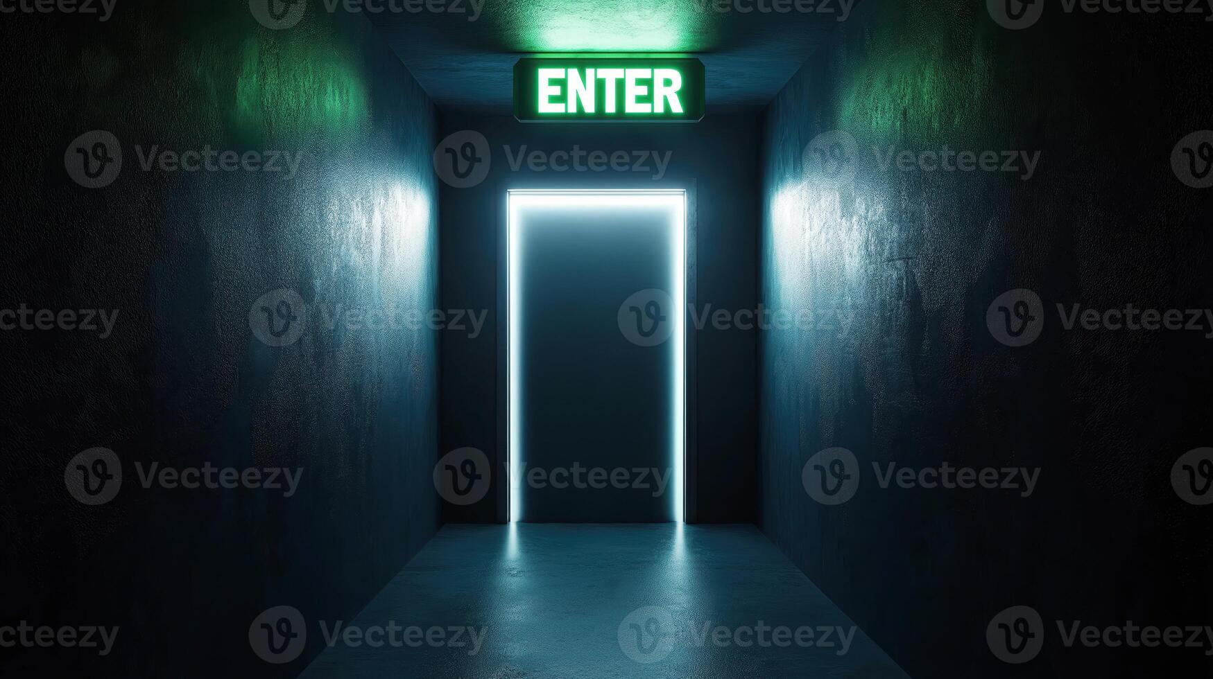 Green Enter Sign with Glowing Door in a Dim Hallway photo