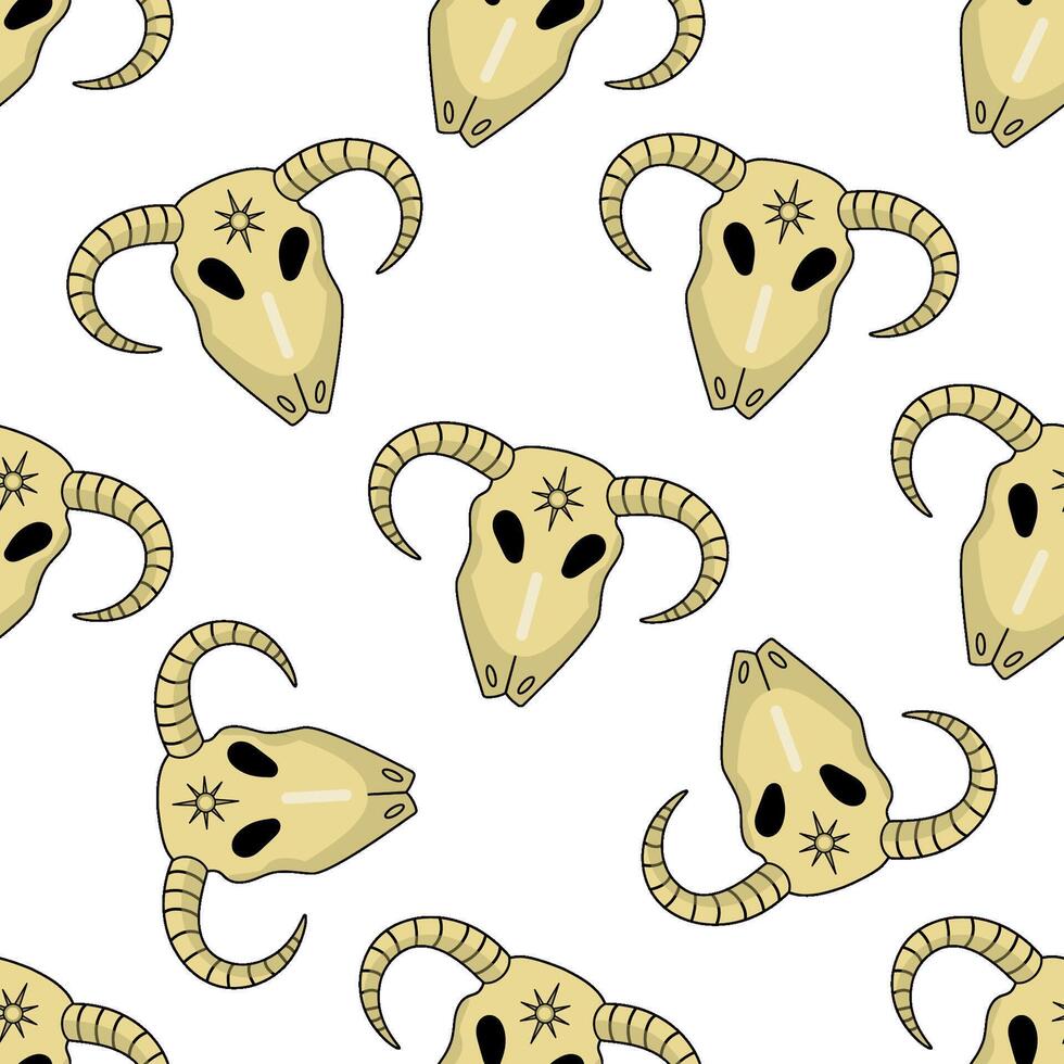 Hand drawn seamless pattern with mystical ram skulls in beige and black tones vector