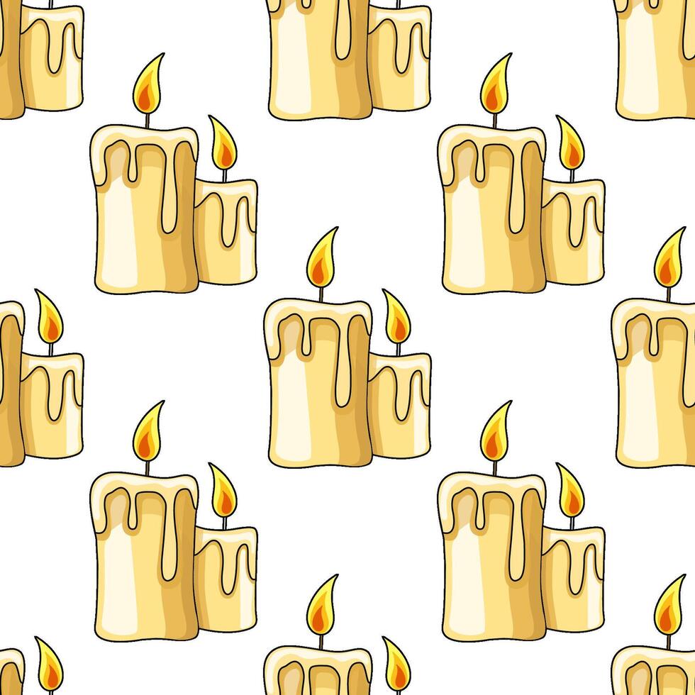 Hand drawn seamless pattern with burning candles in warm yellow tones vector