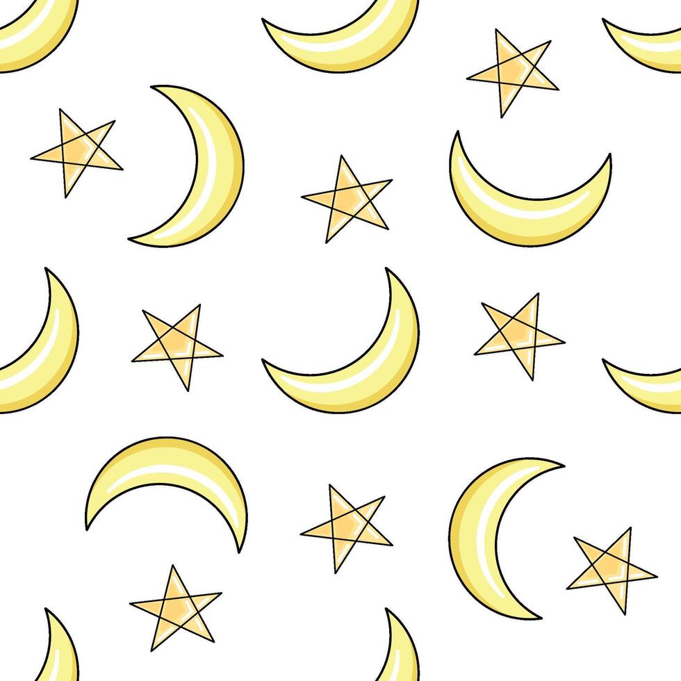 Hand drawn seamless pattern with yellow crescent moons and stars in mystical style vector