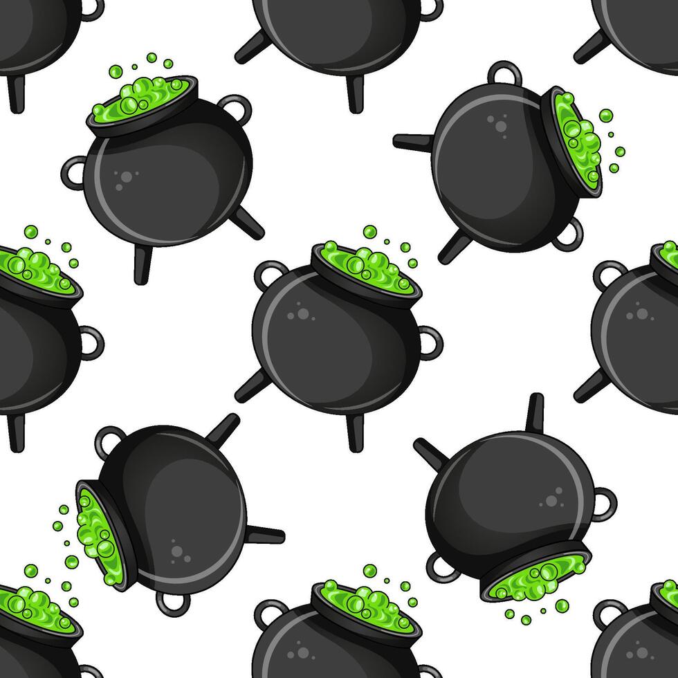 Hand drawn seamless pattern with witch cauldrons and bubbling potion in dark green tones vector