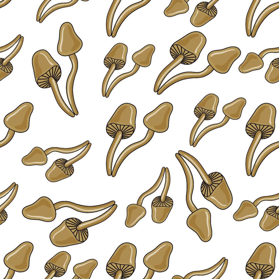 Hand drawn seamless pattern with brown mushrooms in botanical style vector