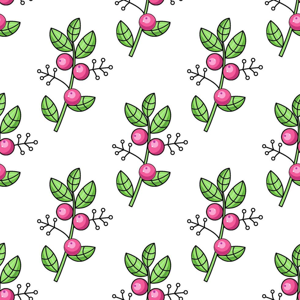Hand drawn seamless pattern with pink berries and green leaves vector