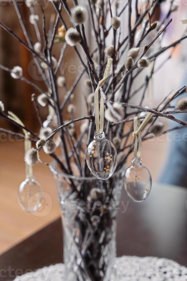 Elegant Willow Arrangement with Hanging Glass Ornaments in Decorative Vase photo