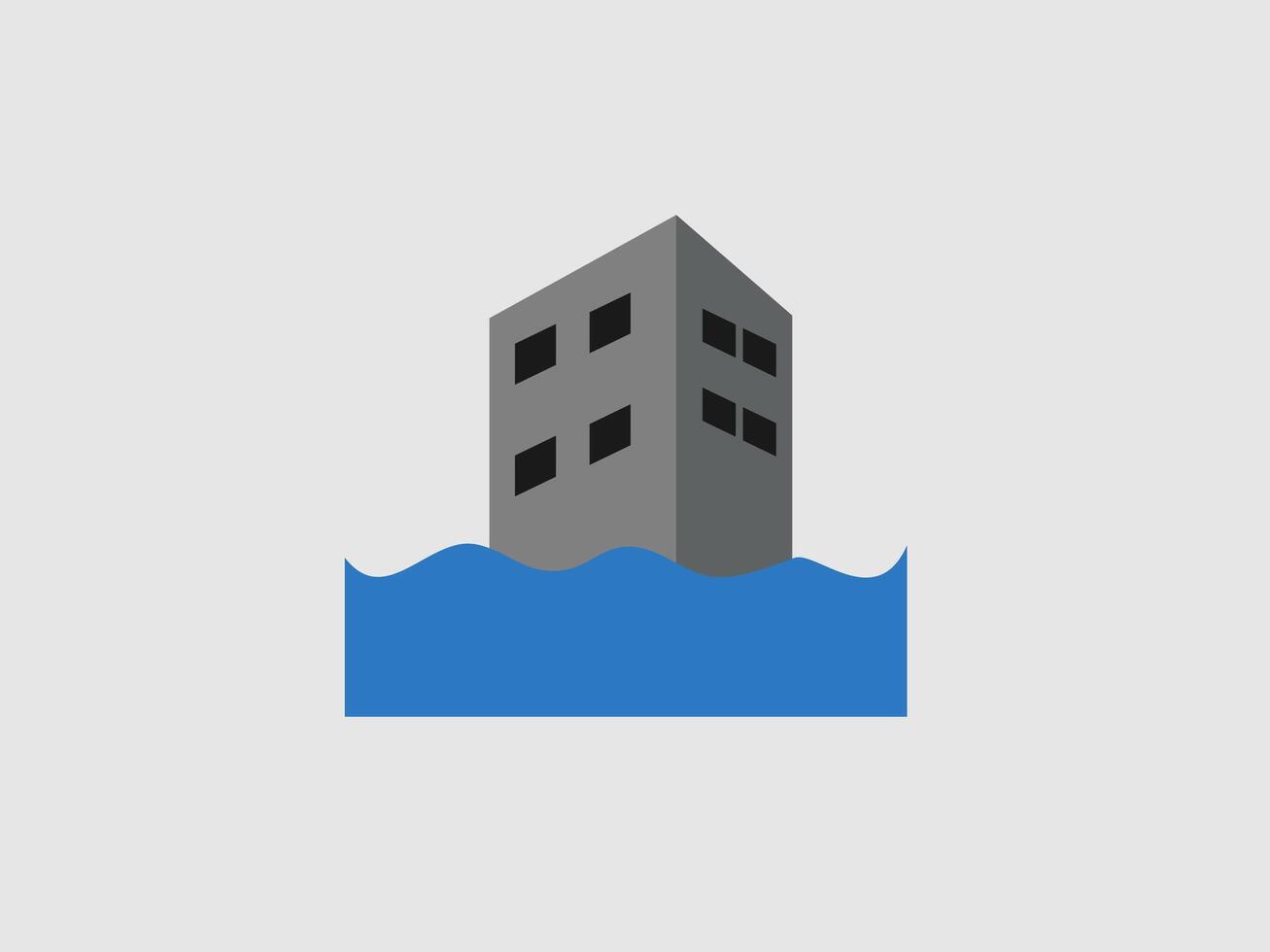 A minimalist illustration depicts a gray building partially submerged in blue water vector