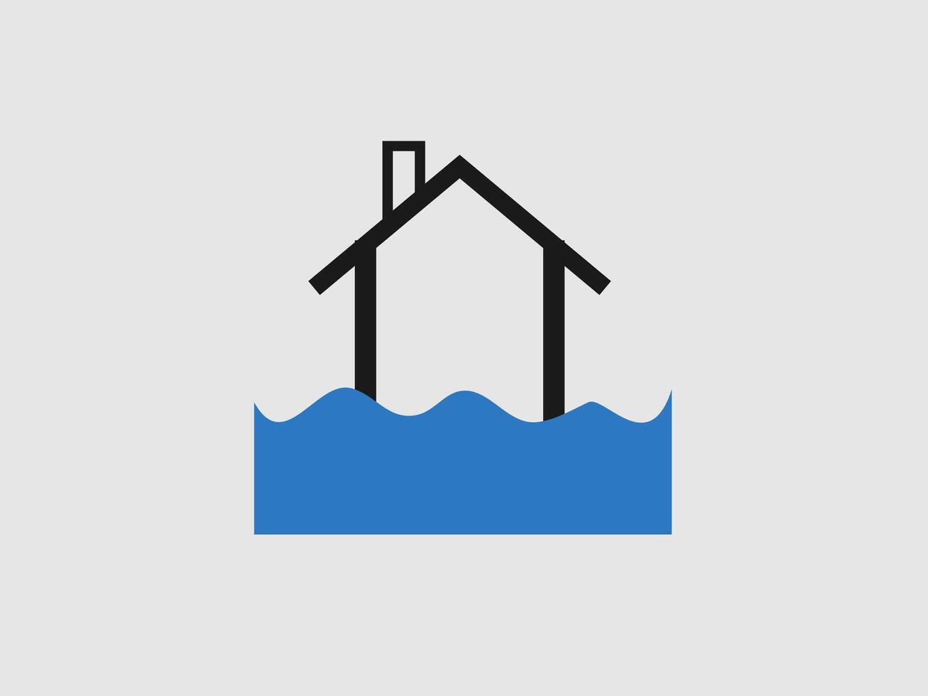 This minimalist illustration depicts a simple house silhouette partially submerged in blue water vector