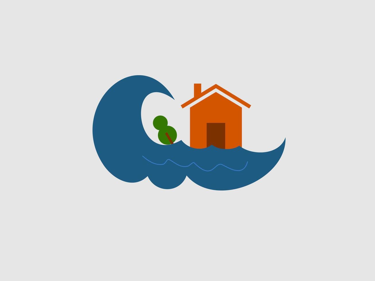 This whimsical illustration depicts a small house being engulfed by a large wave vector